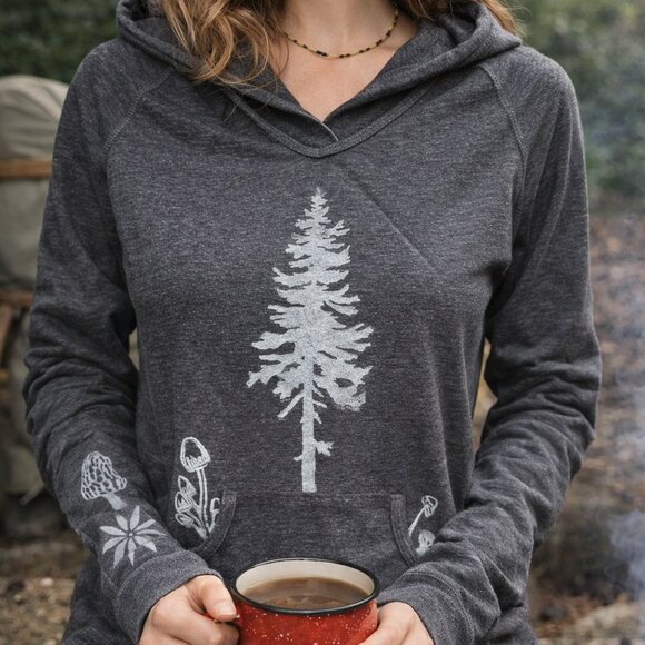 Mossimo Supply Co. Tops - Hand-Printed Forest Hoodie – Evergreen Tree & Mushroom Design – Charcoal Gray, S